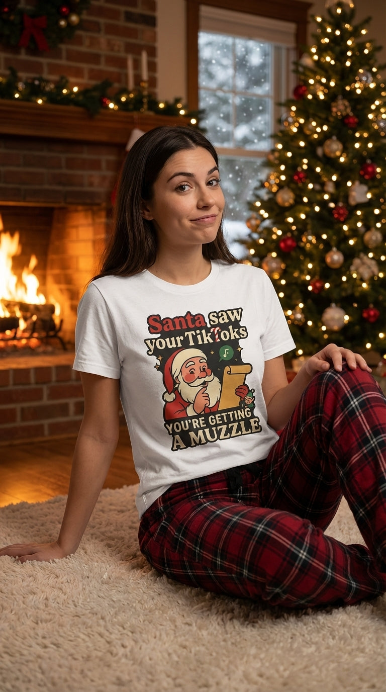 Funny Christmas T-Shirt — “Santa Saw Your TikToks, You’re Getting a Muzzle” Holiday Tee